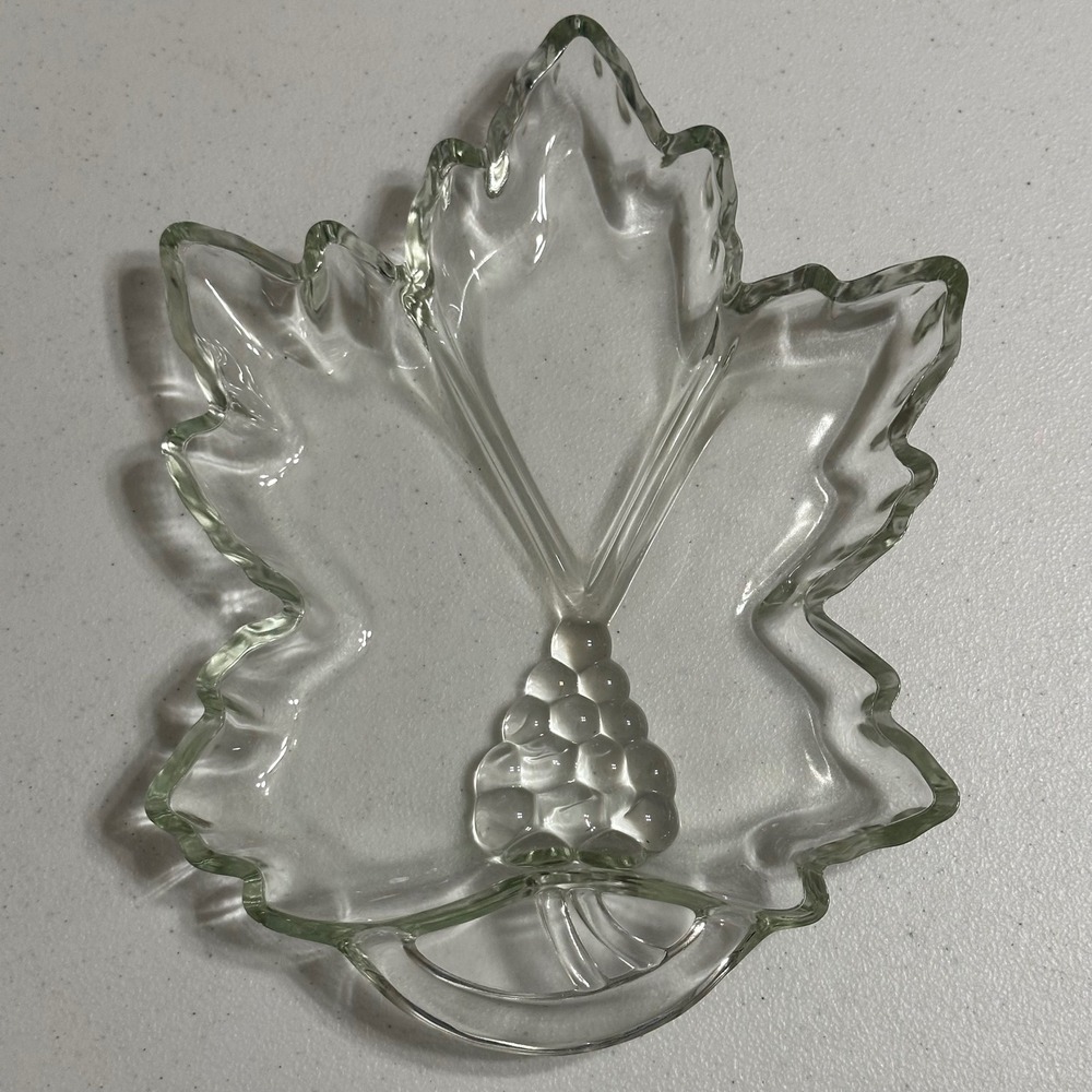 Grape Leaf Divided Serving Dish Cluster Clear Pressed Glass VTG Tiara Indiana